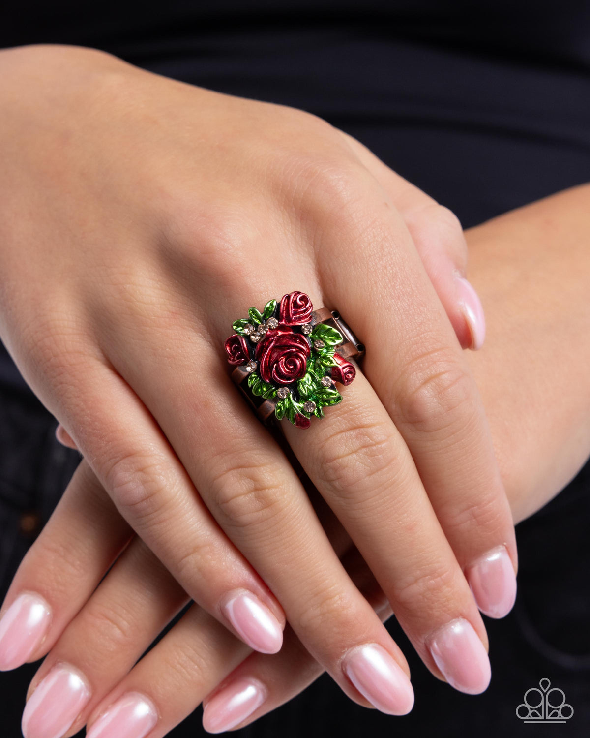Rosy Route Copper Floral Ring - Paparazzi Accessories- on model - CarasShop.com - Paparazzi Jewelry by Cara Jewels