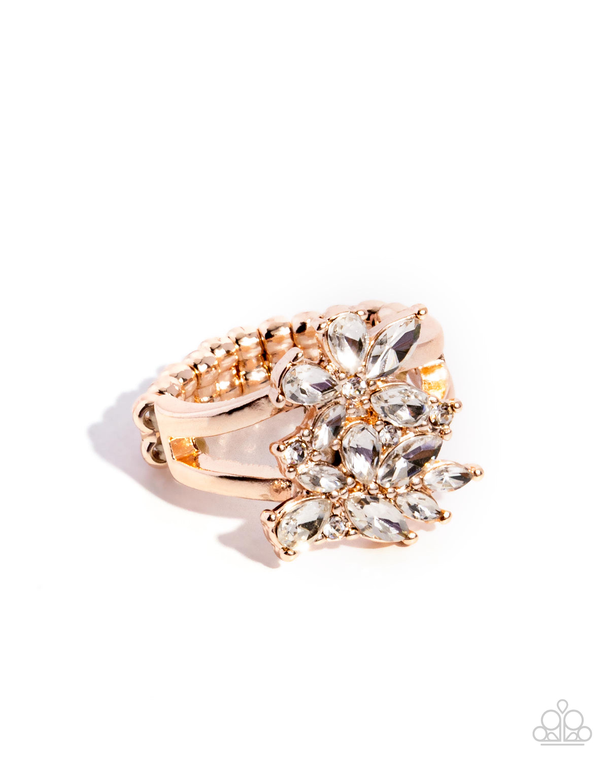 Roundabout Refinement Rose Gold & White Rhinestone Ring - Paparazzi Accessories- lightbox - CarasShop.com - Paparazzi Jewelry by Cara Jewels