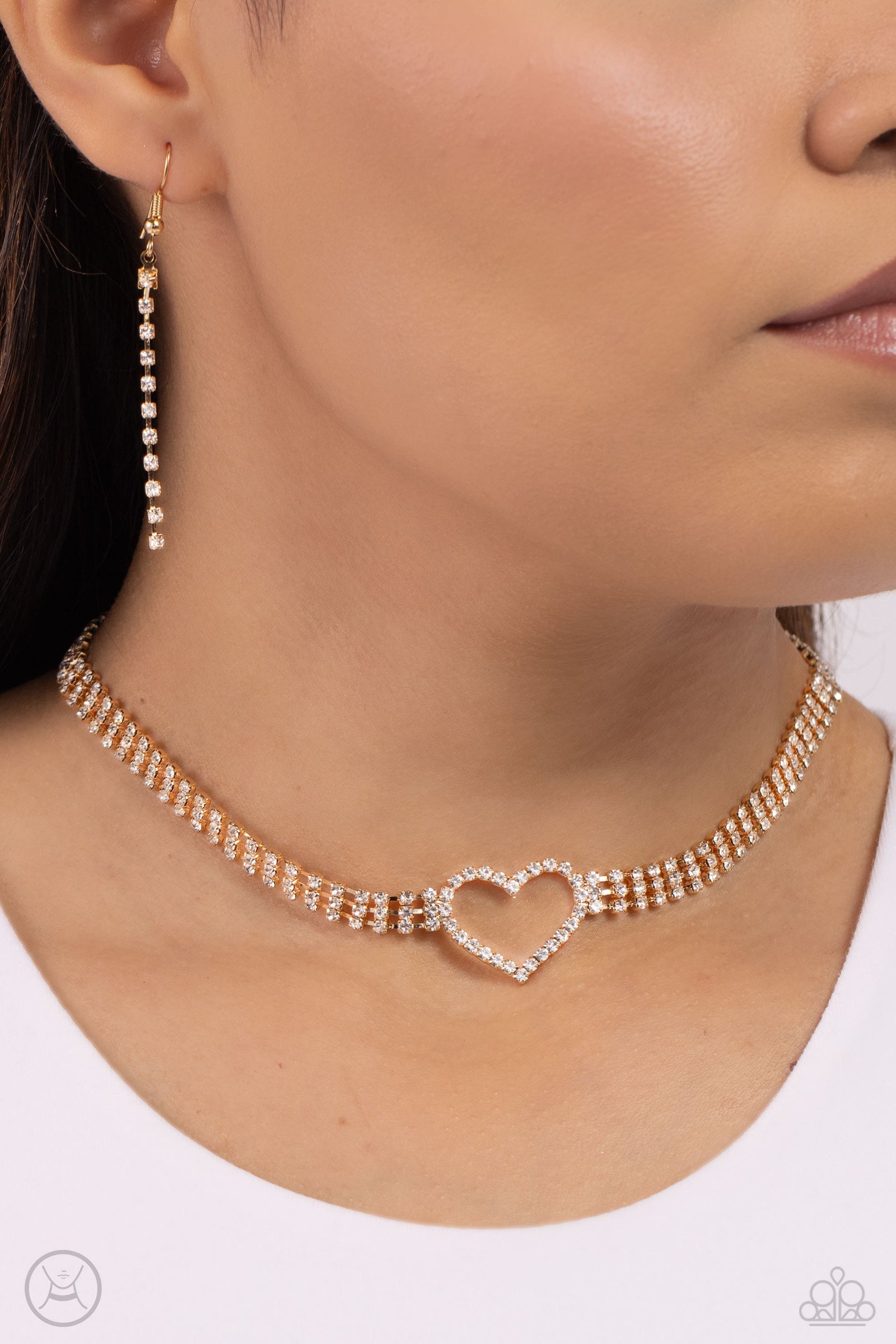 Rows of Romance Gold & White Rhinestone Heart Choker Necklace - Paparazzi Accessories- lightbox - CarasShop.com - Paparazzi Jewelry by Cara Jewels