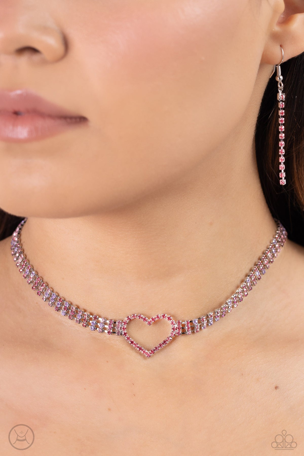 Rows of Romance Pink Rhinestone Heart Choker Necklace - Paparazzi Accessories- on model - CarasShop.com - Paparazzi Jewelry by Cara Jewels