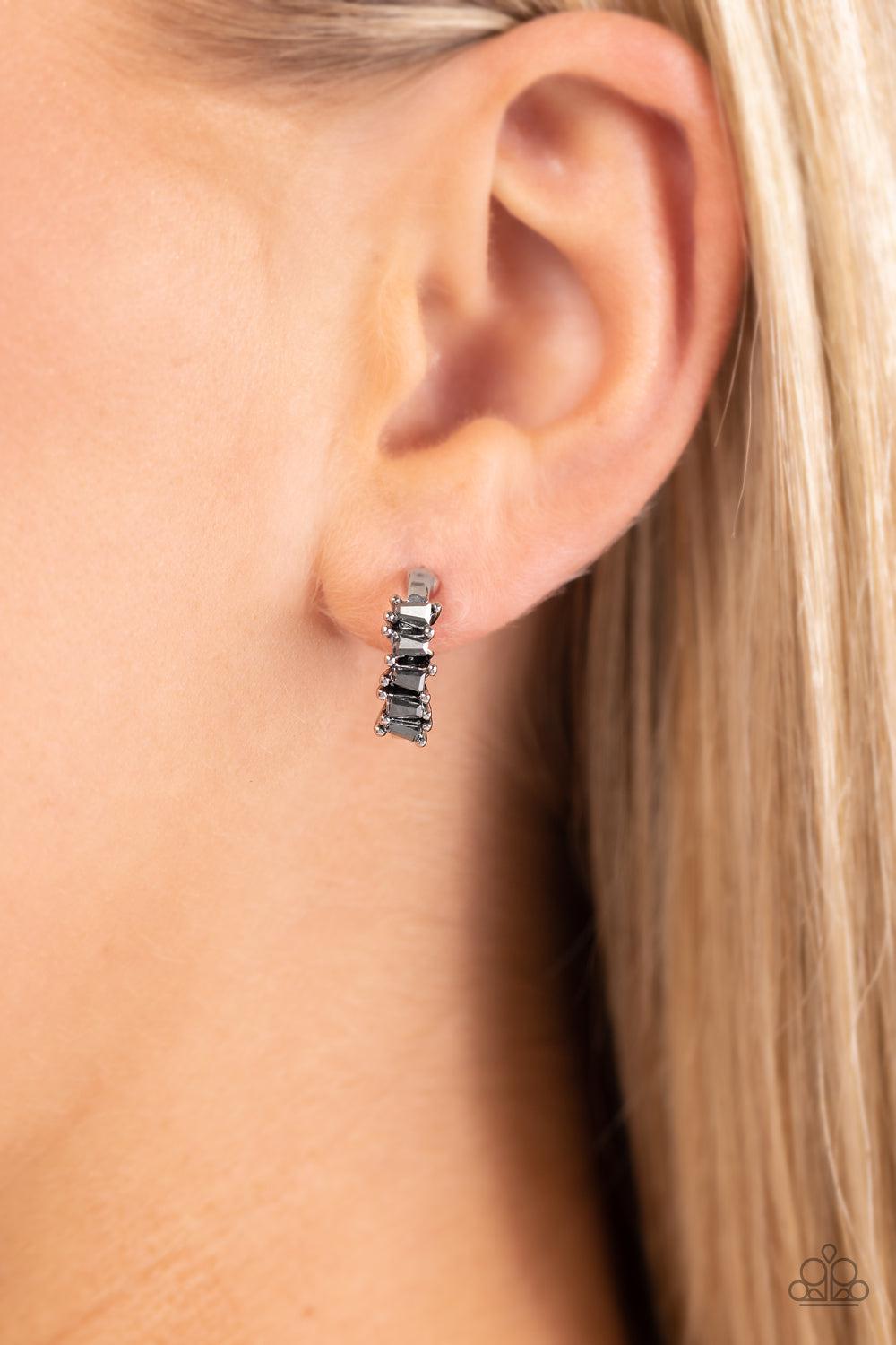 Rugged Rockstar Silver Hoop Earrings - Paparazzi Accessories- on model - CarasShop.com - Paparazzi Jewelry by Cara Jewels