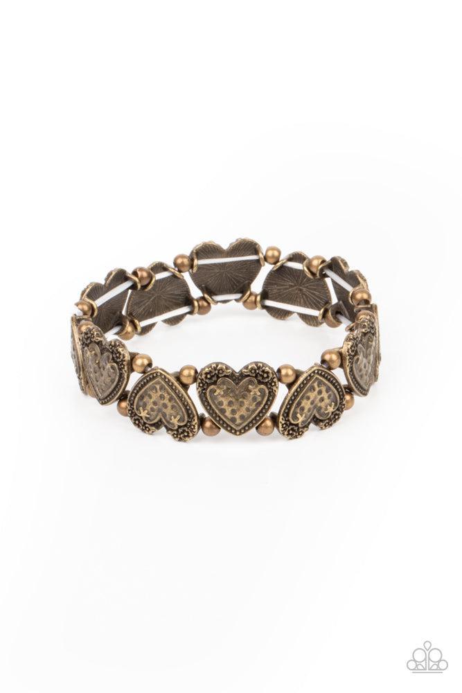 Rustic Heartthrob Brass Bracelet - Paparazzi Accessories- lightbox - CarasShop.com - Paparazzi Jewelry by Cara Jewels
