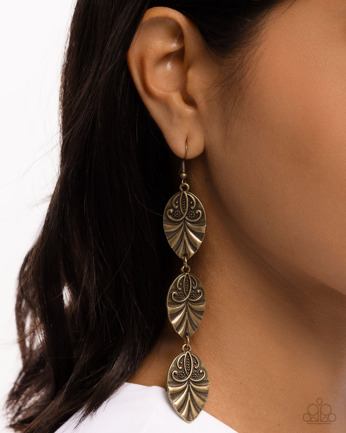 Rustic Range Brass Earrings - Paparazzi Accessories- on model - CarasShop.com - Paparazzi Jewelry by Cara Jewels