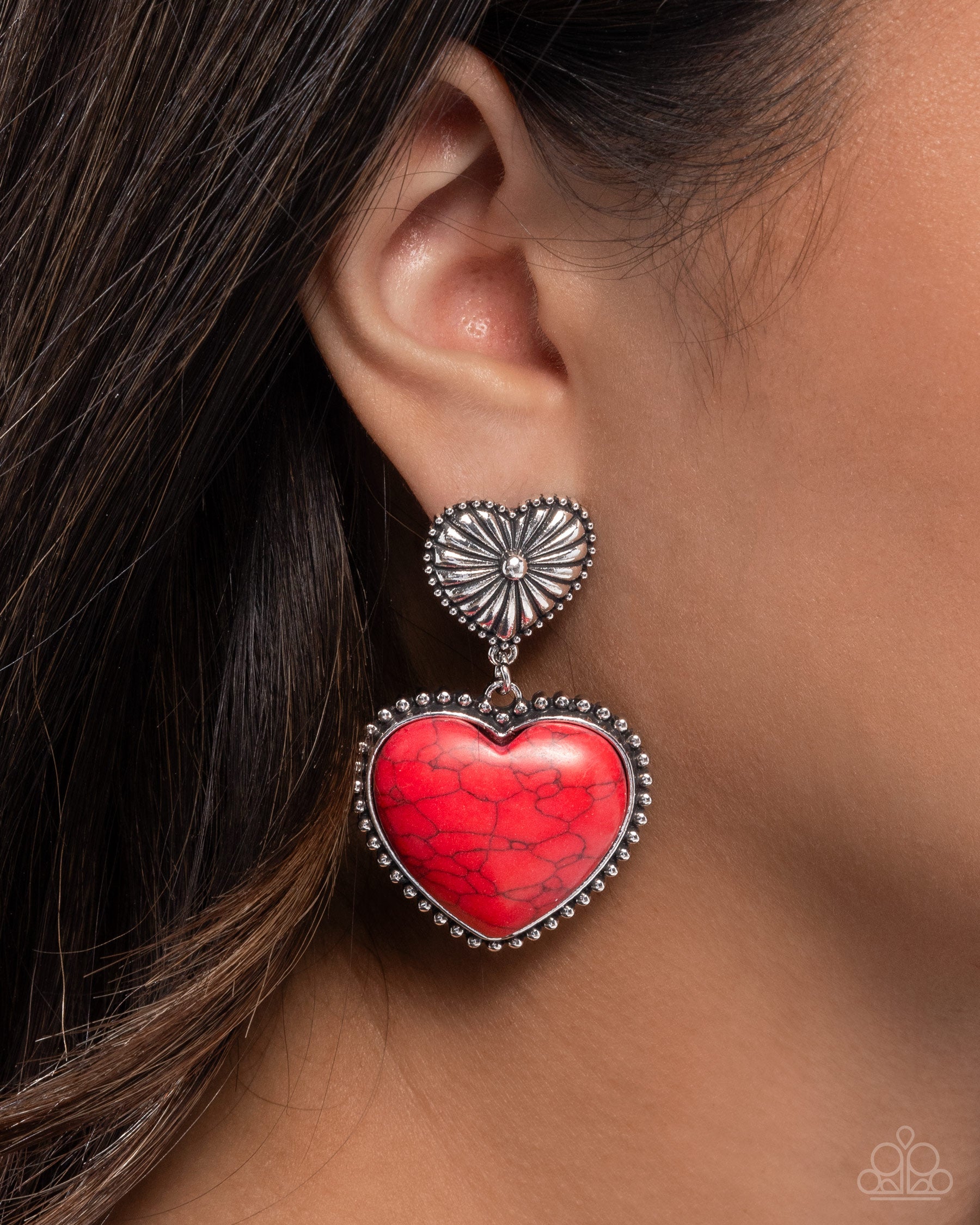 Rustic Reinvention Red Stone Heart Earrings - Paparazzi Accessories- lightbox - CarasShop.com - Paparazzi Jewelry by Cara Jewels