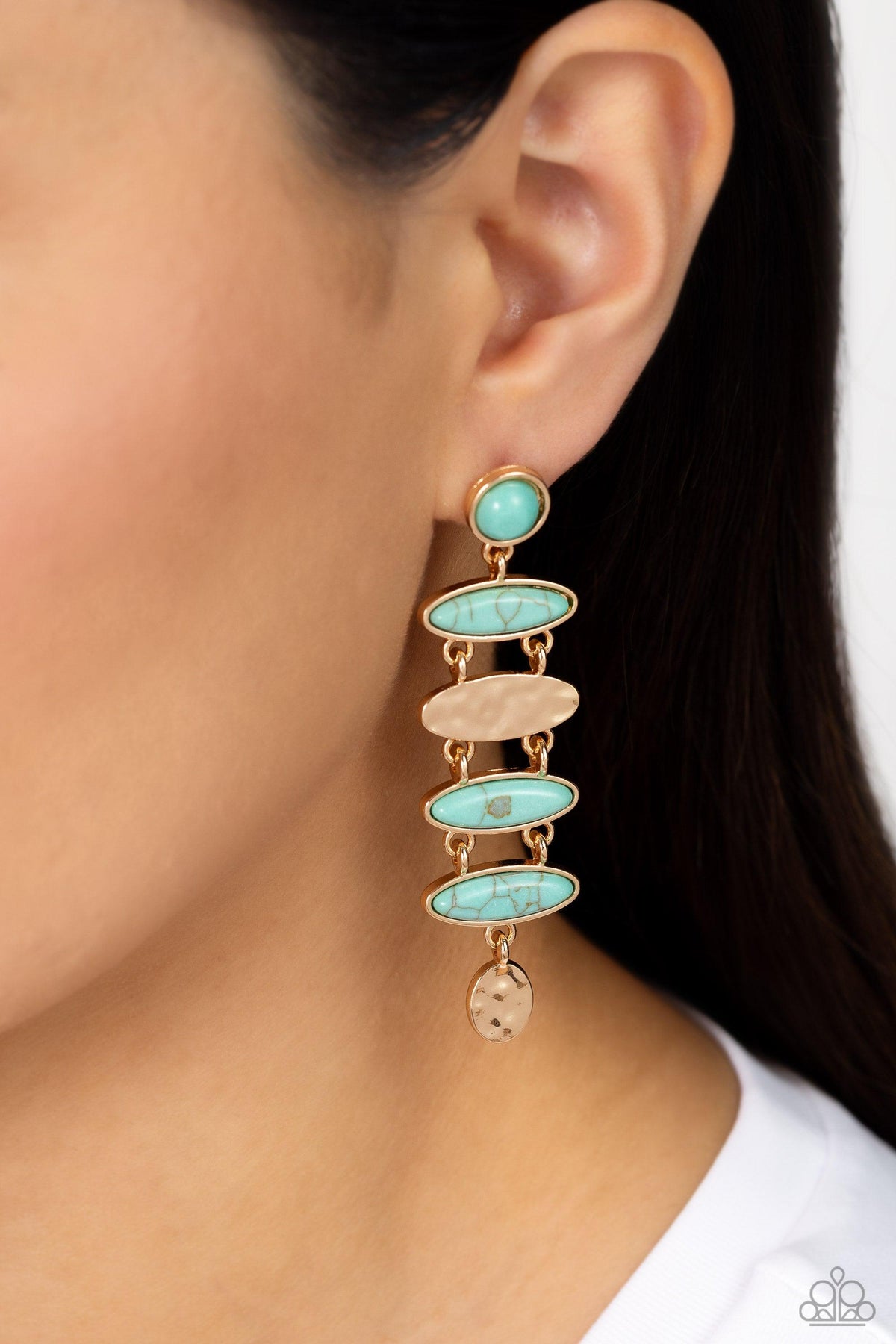 Rustic Reverie Turquoise Blue & Gold Earrings - Paparazzi Accessories- on model - CarasShop.com - Paparazzi Jewelry by Cara Jewels