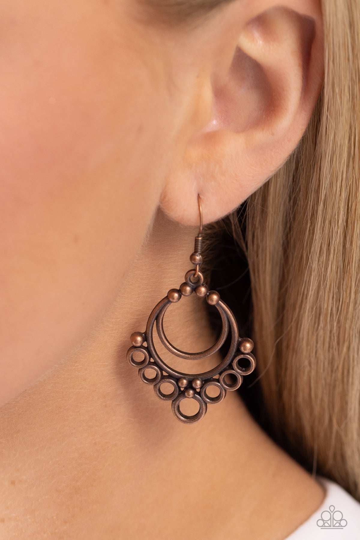 Rustic Rotary Copper Earrings - Paparazzi Accessories-on model - CarasShop.com - Paparazzi Jewelry by Cara Jewels