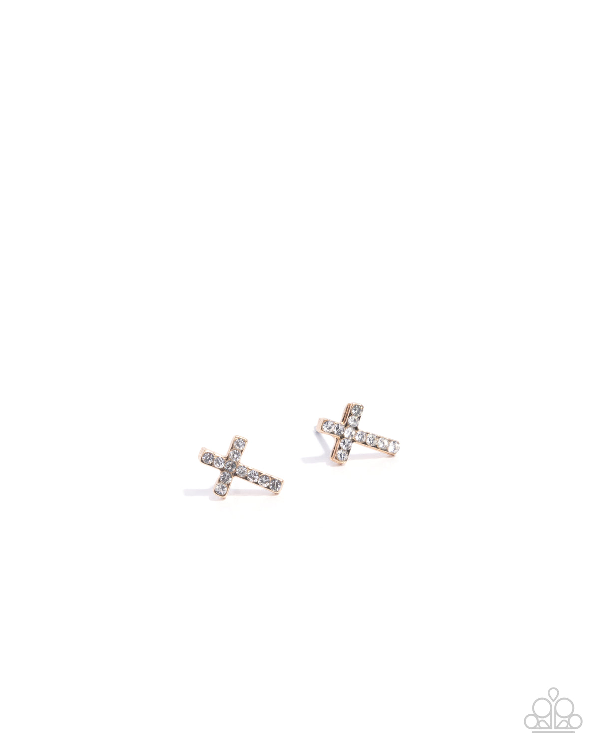 Sacred Shimmer Gold & White Rhinestone Cross Earrings - Paparazzi Accessories- lightbox - CarasShop.com - Paparazzi Jewelry by Cara Jewels