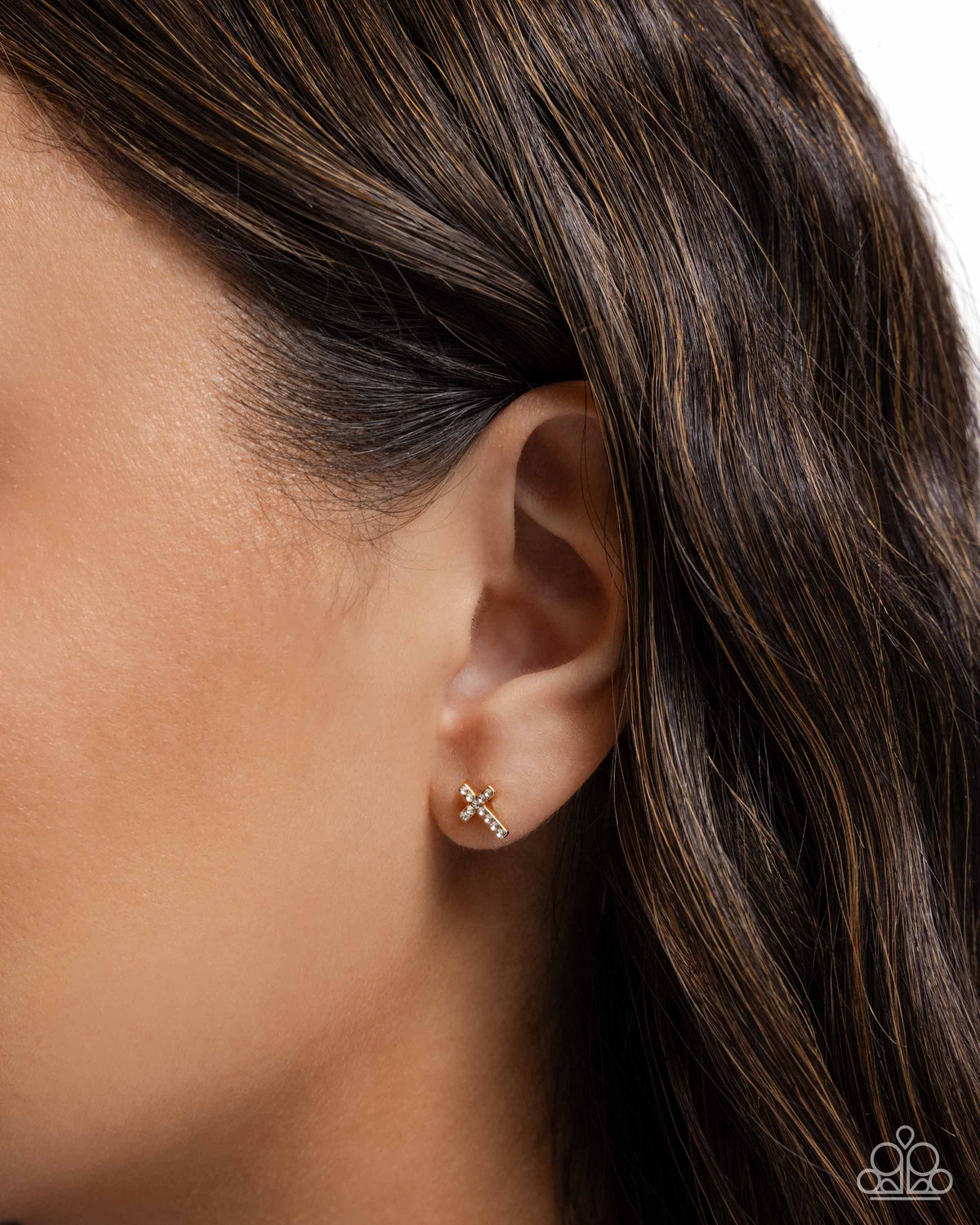 Sacred Shimmer Gold & White Rhinestone Cross Earrings - Paparazzi Accessories-on model - CarasShop.com - Paparazzi Jewelry by Cara Jewels