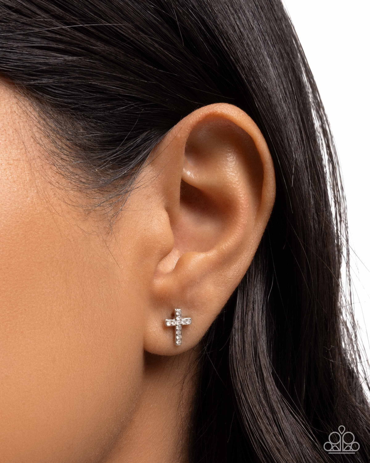 Sacred Shimmer White Rhinestone Cross Earrings - Paparazzi Accessories- on model - CarasShop.com - Paparazzi Jewelry by Cara Jewels