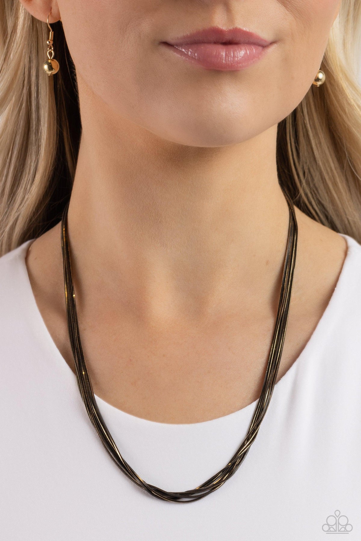 Salvaging Sass Gunmetal Black & Gold Chain Necklace - Paparazzi Accessories- on model - CarasShop.com - Paparazzi Jewelry by Cara Jewels