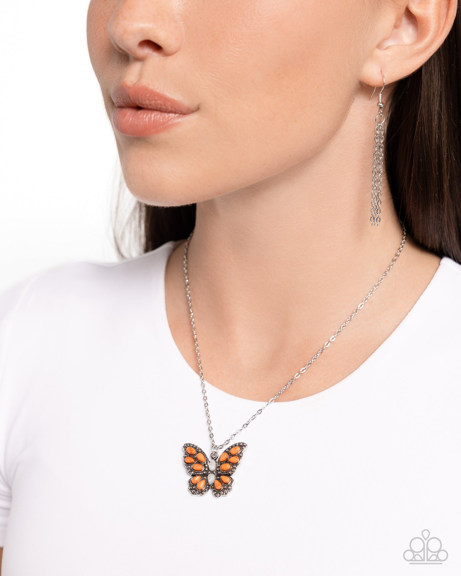 Santa Fe Satisfaction Orange Stone Butterfly Necklace - Paparazzi Accessories- lightbox - CarasShop.com - Paparazzi Jewelry by Cara Jewels