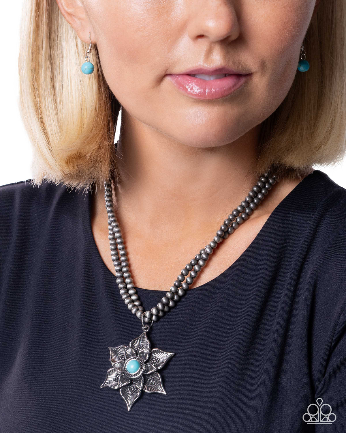 Santa Fe Socialite Turquoise Blue Stone & Navajo Pearl Flower Necklace - Paparazzi Accessories-on model - CarasShop.com - Paparazzi Jewelry by Cara Jewels