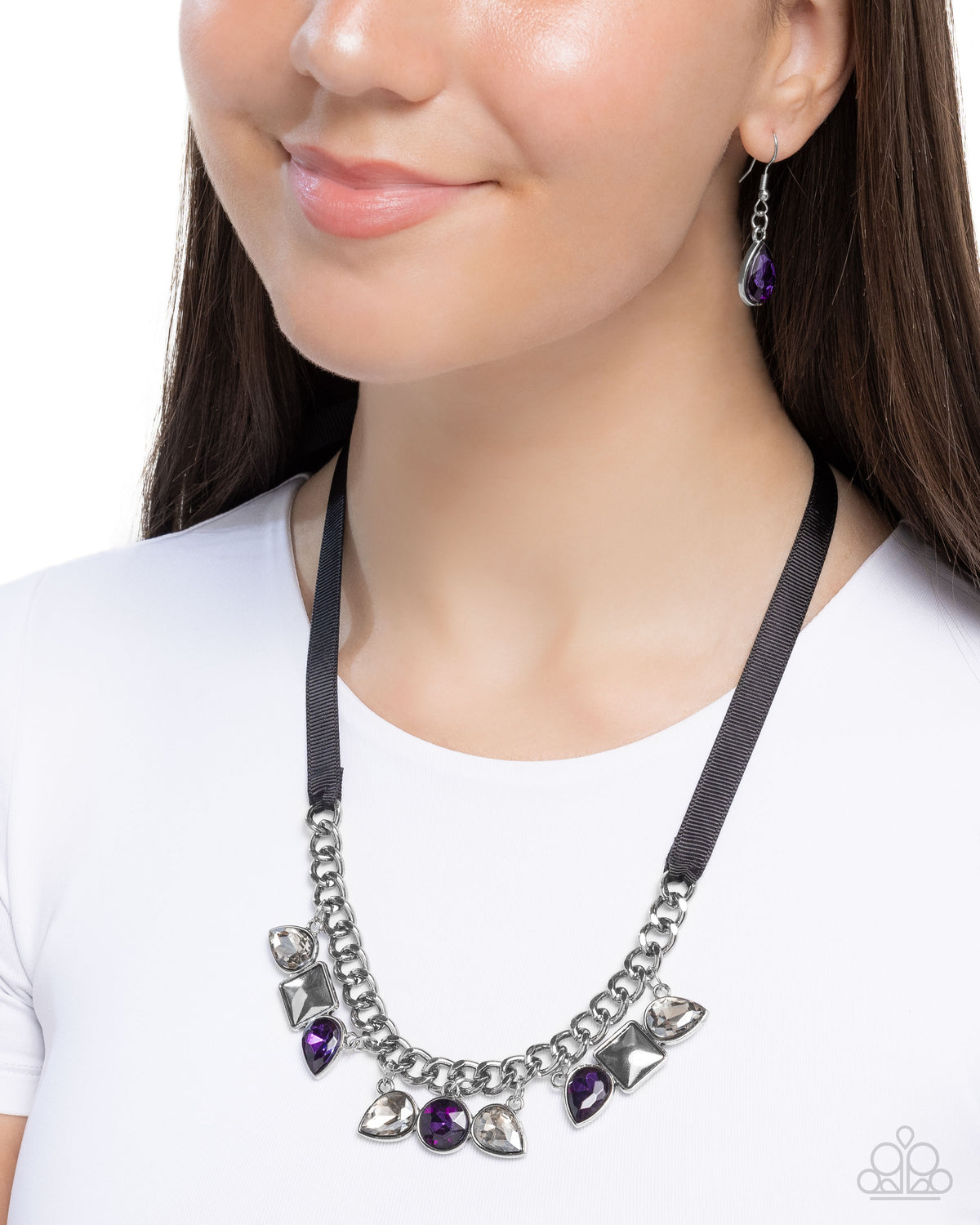 Sassy Salutation Purple & White Gem Necklace - Paparazzi Accessories- on model - CarasShop.com - Paparazzi Jewelry by Cara Jewels