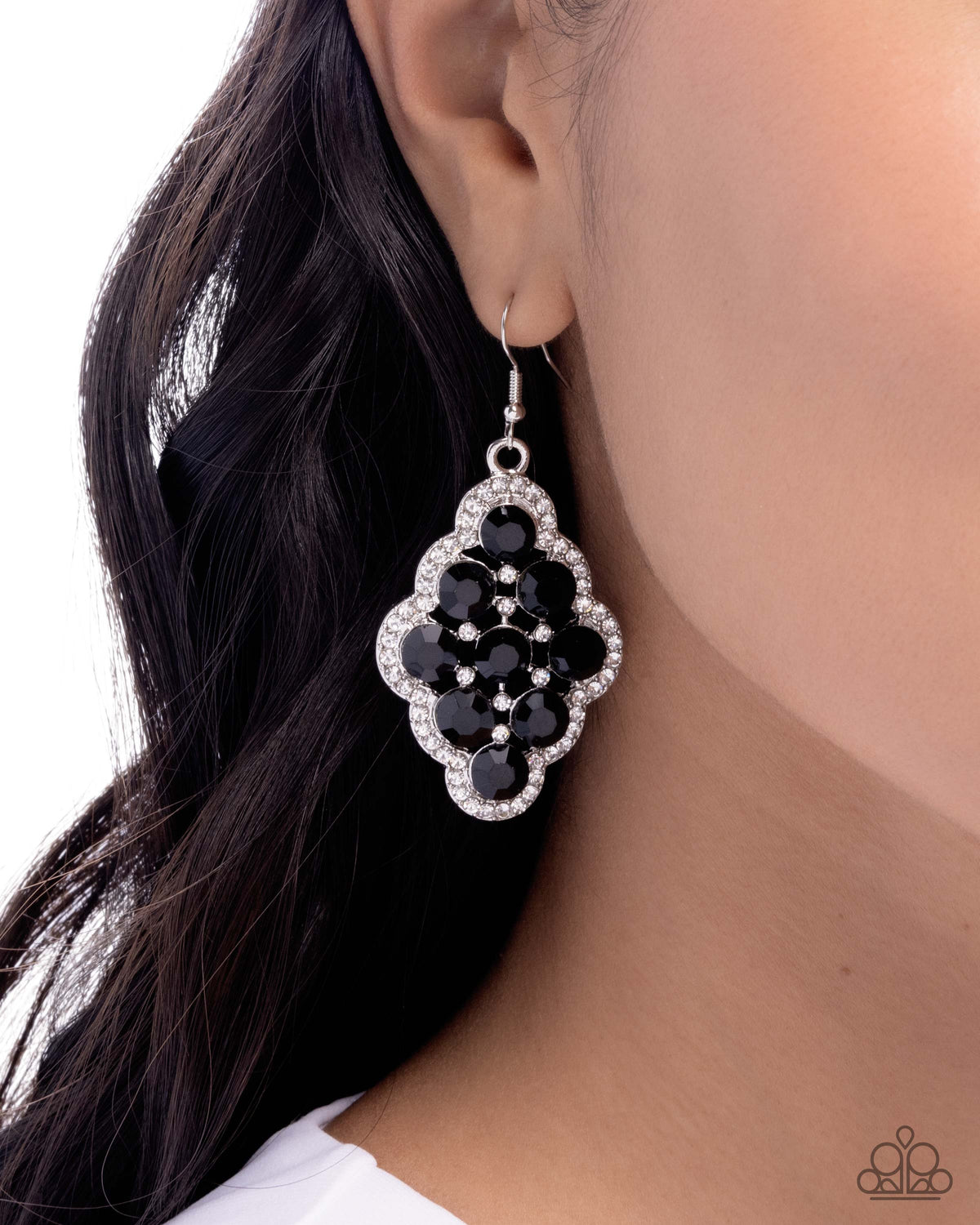 Scalloped Shimmer Black & White Rhinestone Earrings - Paparazzi Accessories-on model - CarasShop.com - Paparazzi Jewelry by Cara Jewels