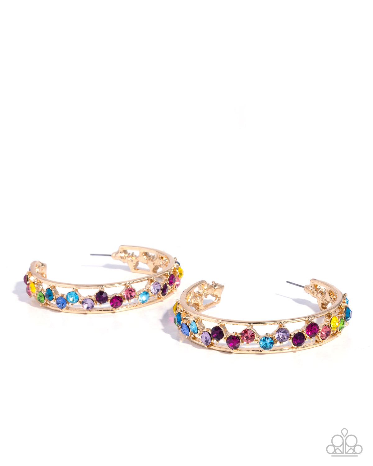 Scattered Sophistication Multi Rhinestone & Gold Hoop Earrings - Paparazzi Accessories- lightbox - CarasShop.com - Paparazzi Jewelry by Cara Jewels