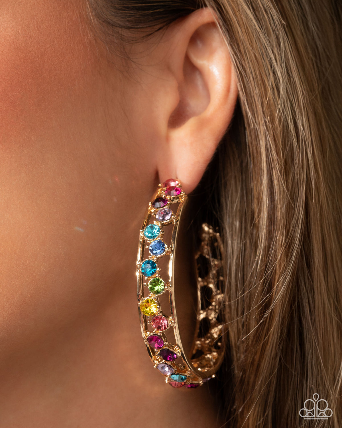 Scattered Sophistication Multi Rhinestone & Gold Hoop Earrings - Paparazzi Accessories- on model - CarasShop.com - Paparazzi Jewelry by Cara Jewels