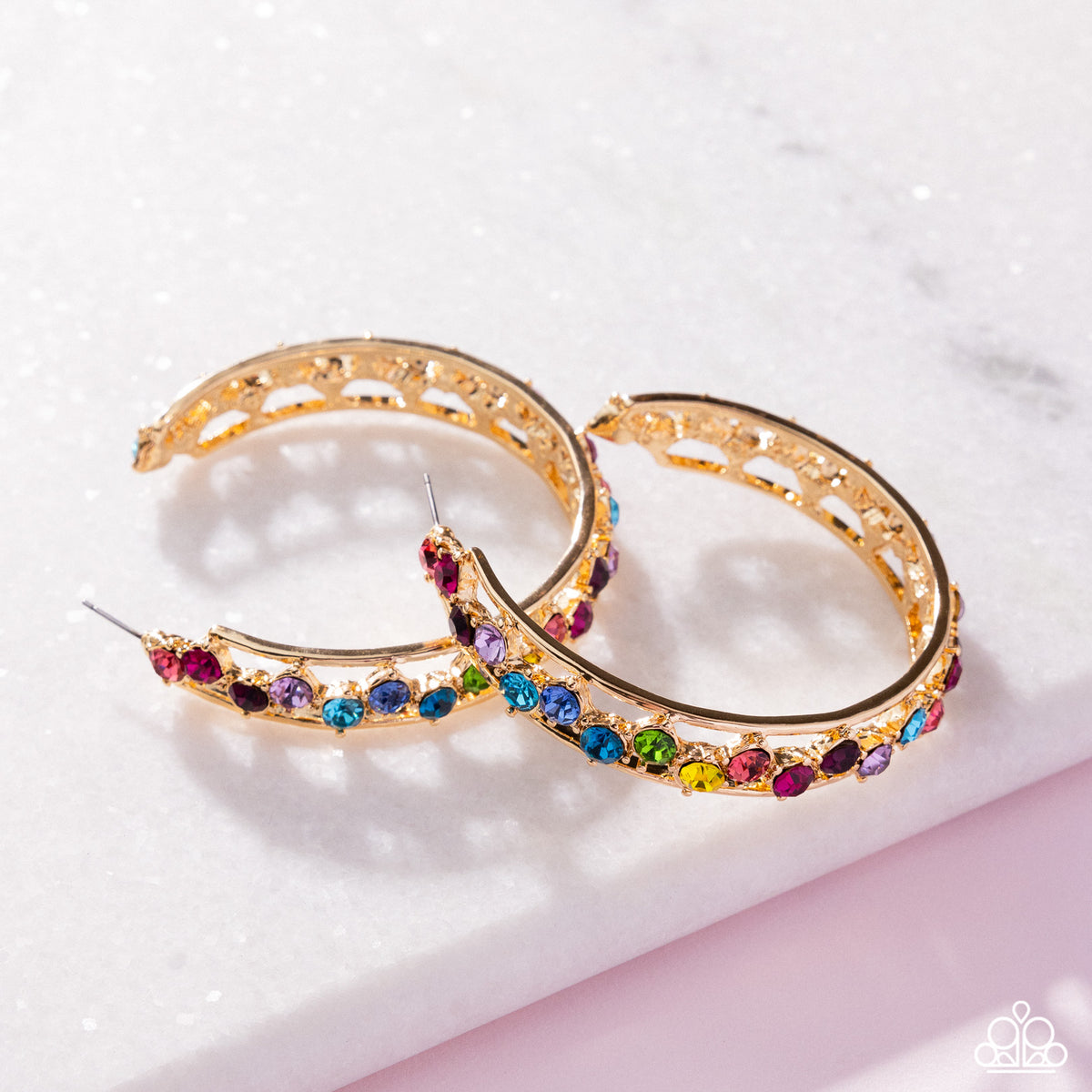 Scattered Sophistication Multi Rhinestone & Gold Hoop Earrings - Paparazzi Accessories- flat lay - CarasShop.com - Paparazzi Jewelry by Cara Jewels