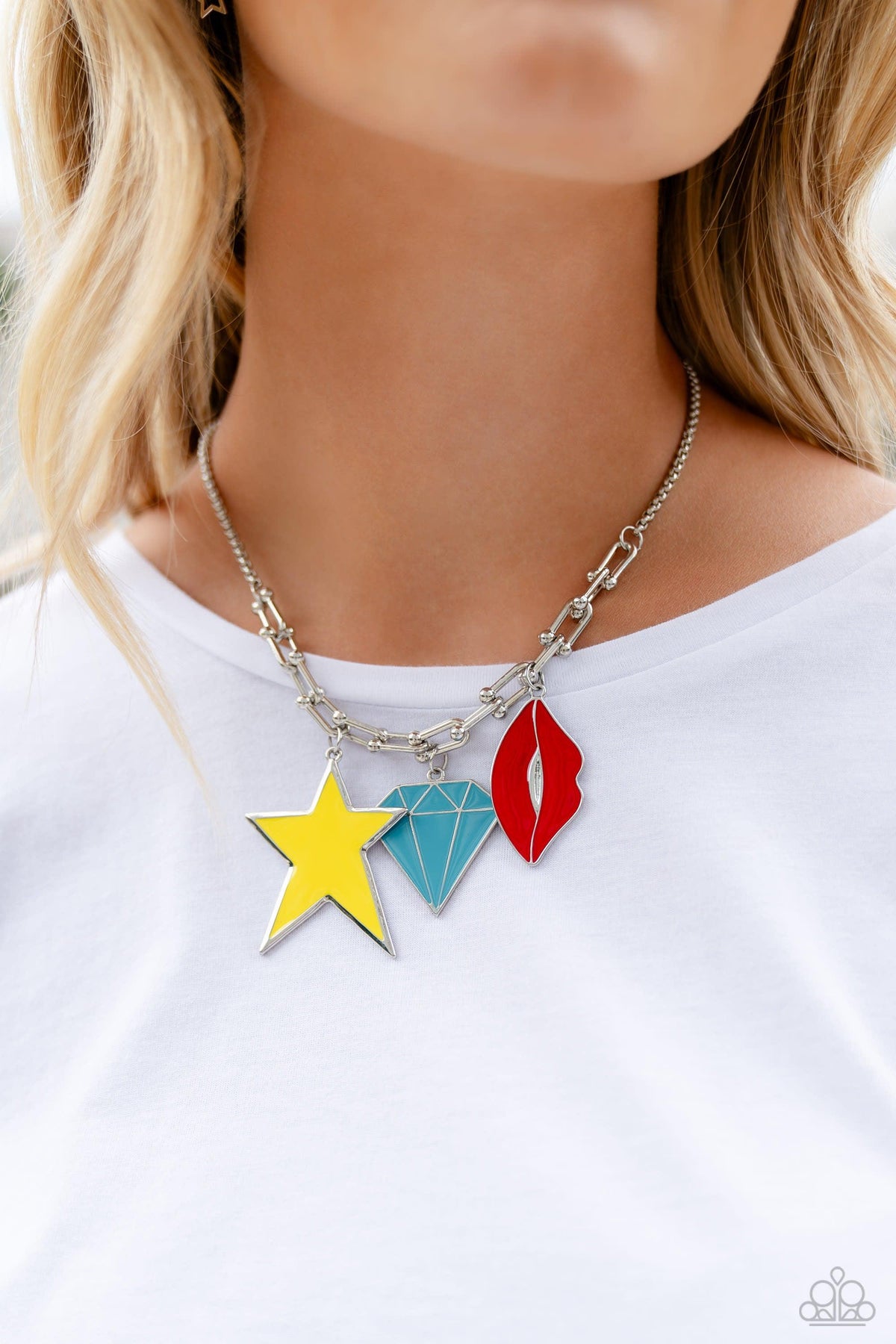 Scouting Shapes Multi Charm Necklace - Paparazzi Accessories- on model - CarasShop.com - Paparazzi Jewelry by Cara Jewels