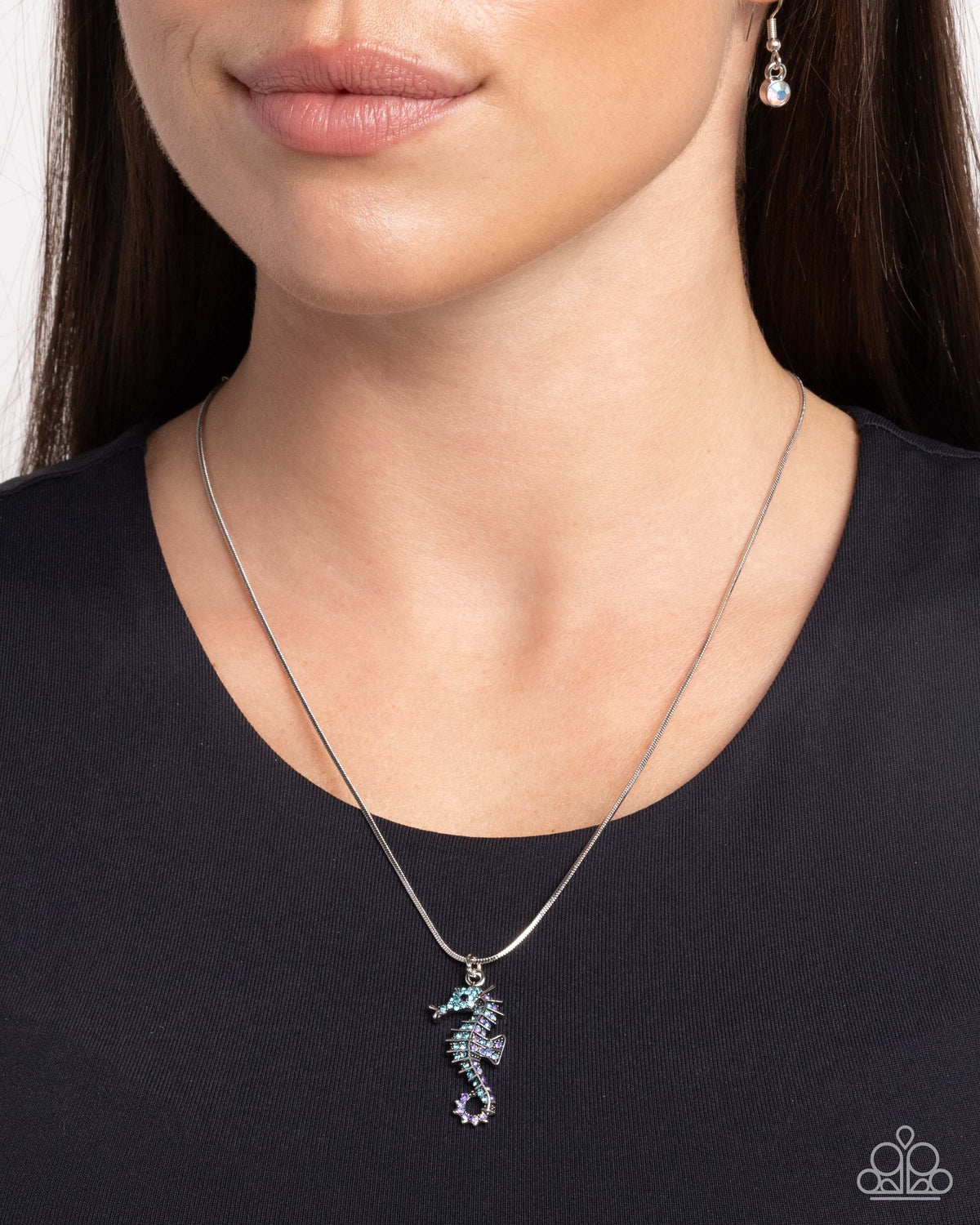 Seahorse Shanty Blue Rhinestone Necklace - Paparazzi Accessories- on model - CarasShop.com - Paparazzi Jewelry by Cara Jewels