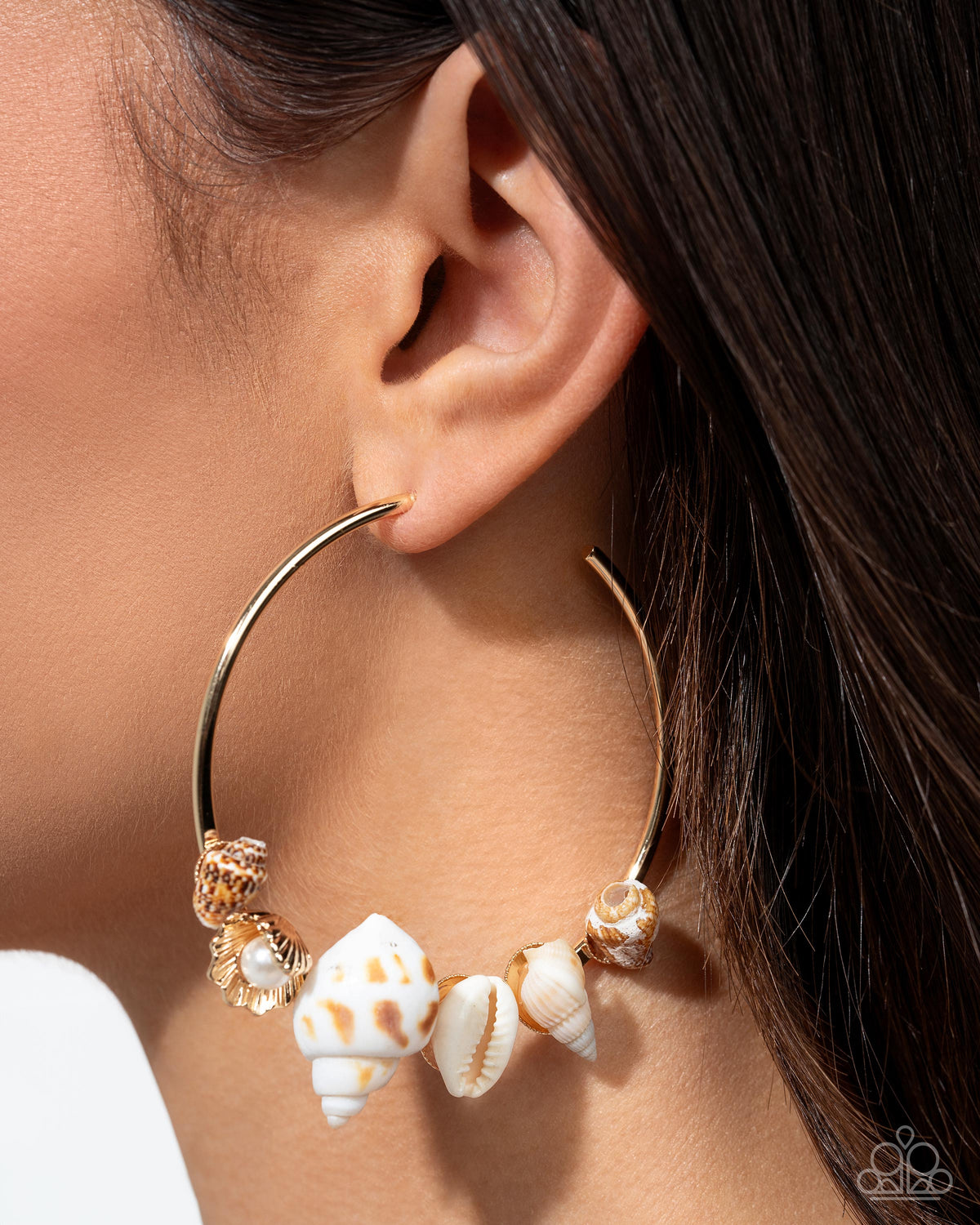 Seashell Sonnet Gold Hoop Earrings - Paparazzi Accessories-on model - CarasShop.com - Paparazzi Jewelry by Cara Jewels