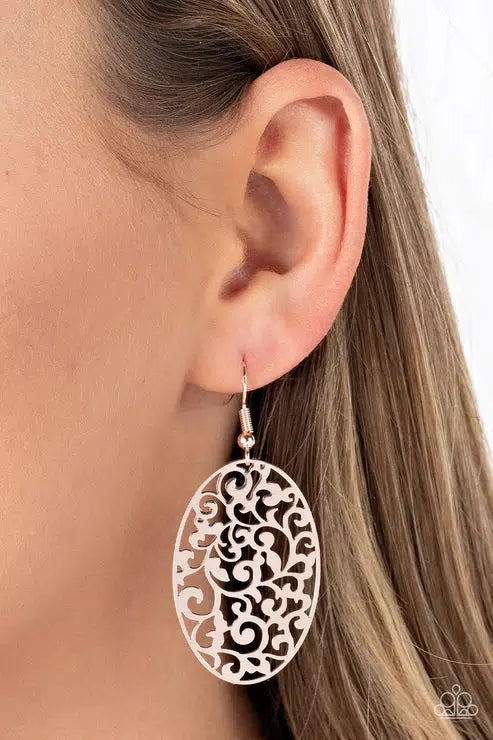 Secret Orchards Rose Gold Earrings - Paparazzi Accessories- on model - CarasShop.com - Paparazzi Jewelry by Cara Jewels