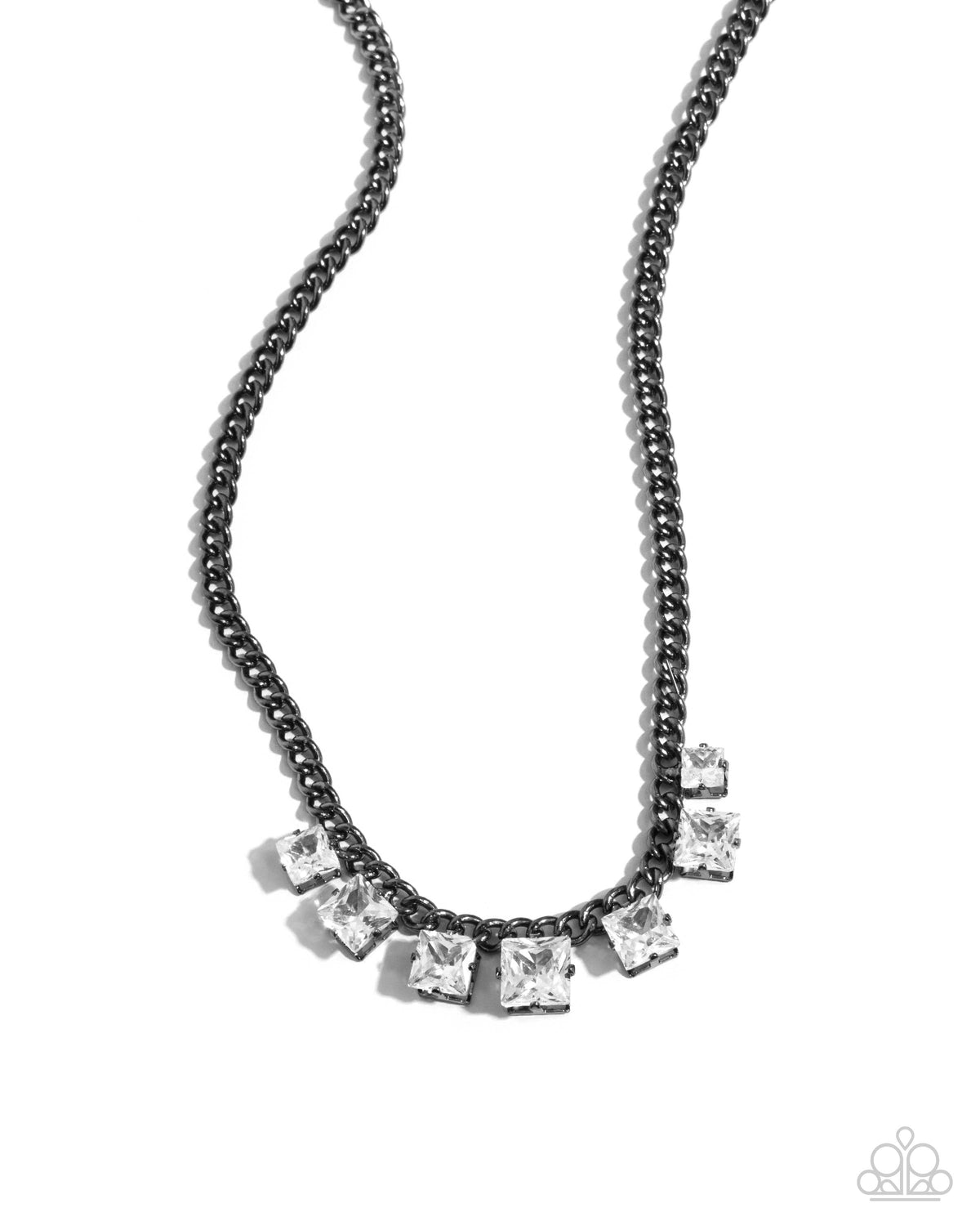 Seeking Out Squares Gunmetal Black & White Rhinestone Necklace - Paparazzi Accessories- lightbox - CarasShop.com - Paparazzi Jewelry by Cara Jewels