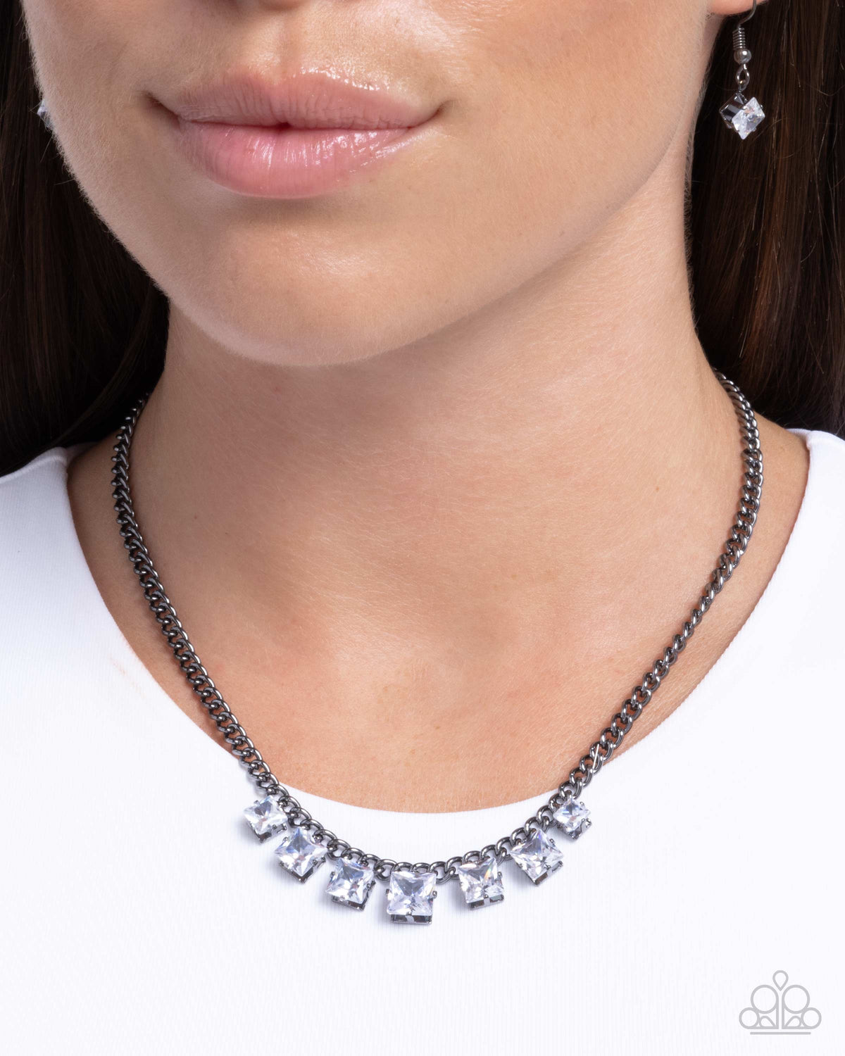Seeking Out Squares Gunmetal Black & White Rhinestone Necklace - Paparazzi Accessories-on model - CarasShop.com - Paparazzi Jewelry by Cara Jewels