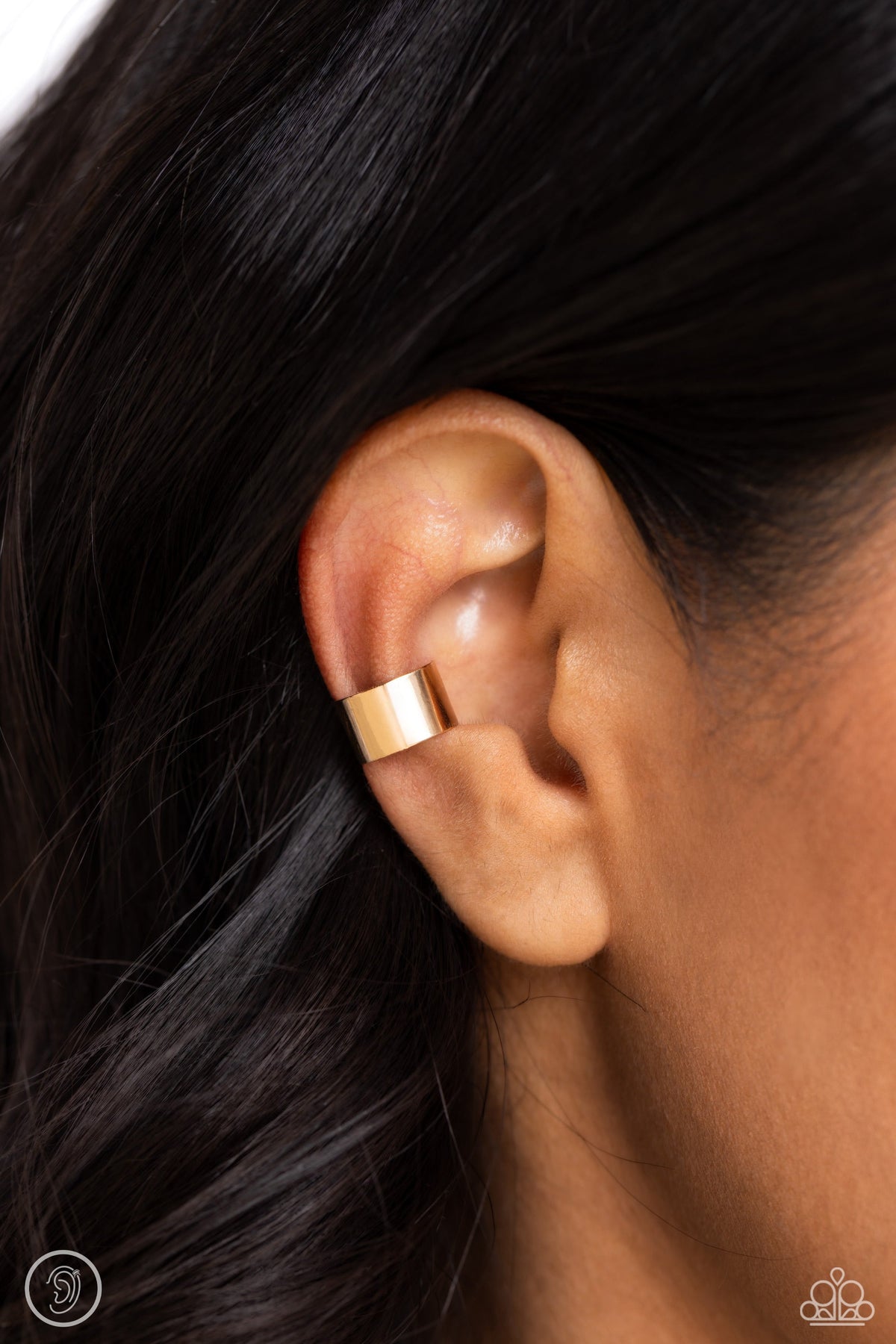 Seize the Chicness Gold Cuff Earrings - Paparazzi Accessories- on model - CarasShop.com - Paparazzi Jewelry by Cara Jewels