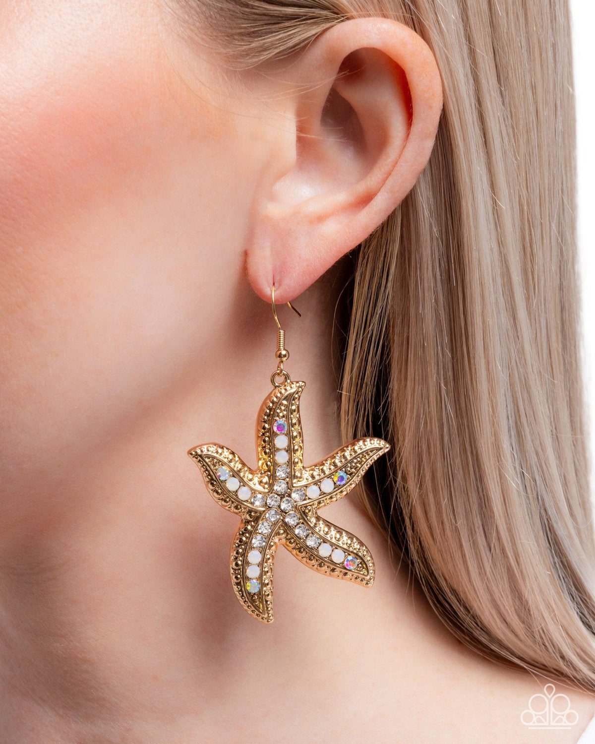 Seize the Starfish Gold & White Rhinestone Earrings - Paparazzi Accessories- on model - CarasShop.com - Paparazzi Jewelry by Cara Jewels