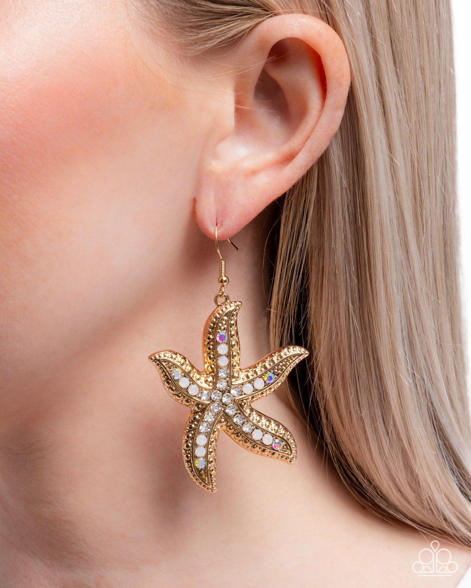 Seize the Starfish Gold & White Rhinestone Earrings - Paparazzi Accessories- lightbox - CarasShop.com - Paparazzi Jewelry by Cara Jewels