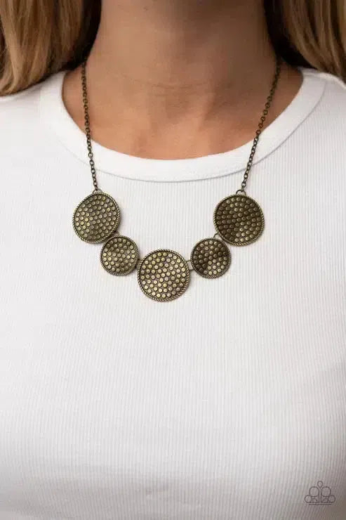 Self DISC-overy Brass Necklace - Paparazzi Accessories-on model - CarasShop.com - Paparazzi Jewelry by Cara Jewels