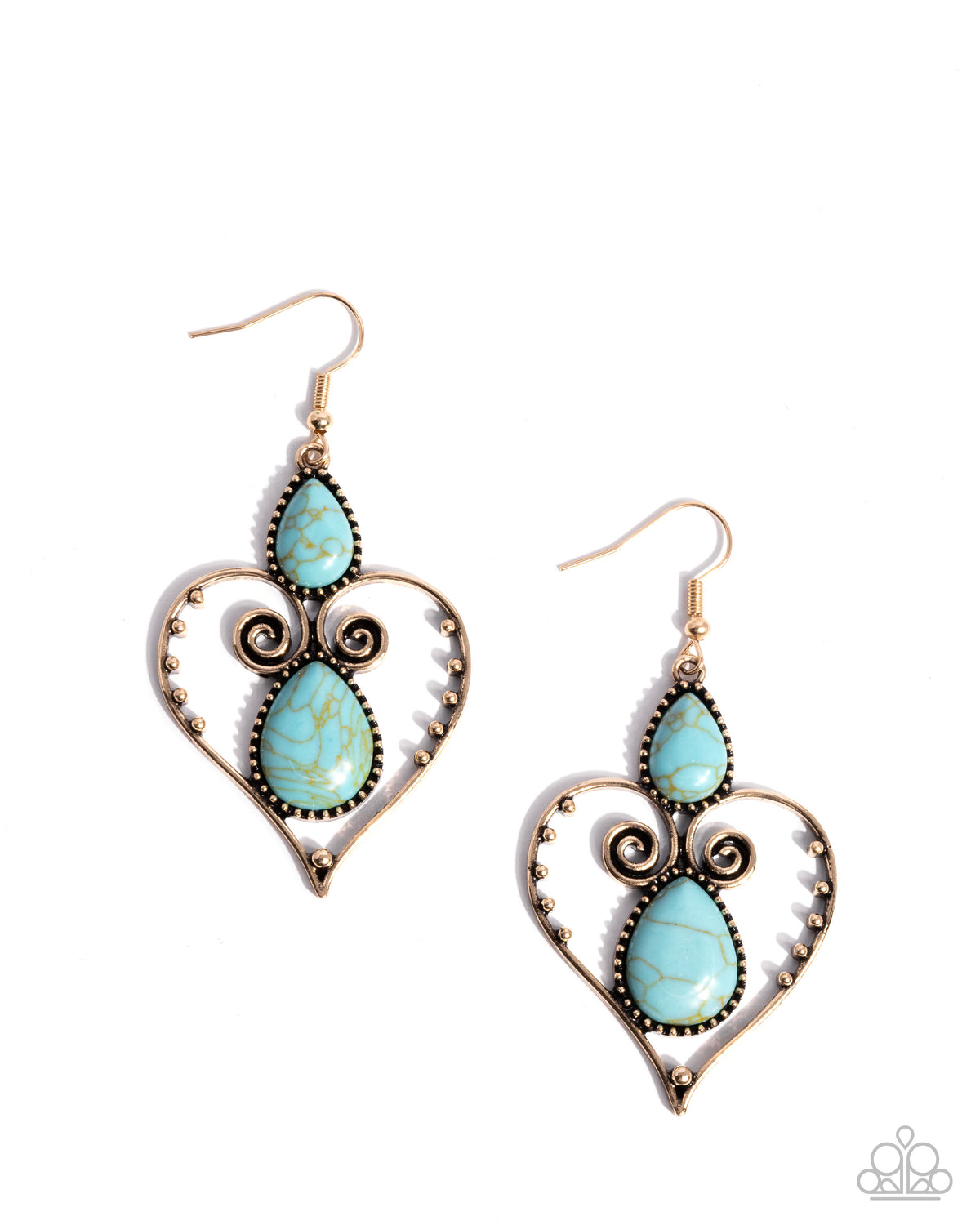 Selfless Stones Gold & Turquoise Blue Stone Heart Earrings - Paparazzi Accessories- lightbox - CarasShop.com - Paparazzi Jewelry by Cara Jewels
