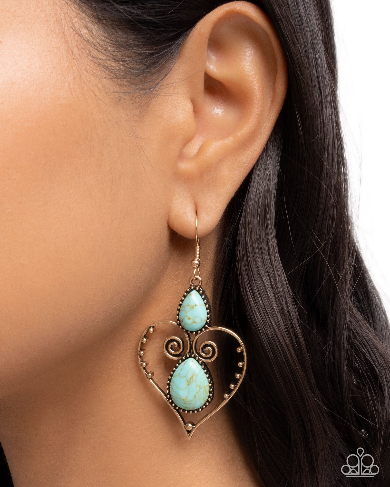 Selfless Stones Gold & Turquoise Blue Stone Heart Earrings - Paparazzi Accessories- lightbox - CarasShop.com - Paparazzi Jewelry by Cara Jewels