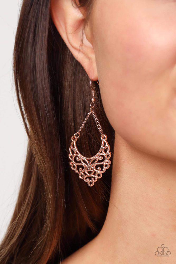 Sentimental Setting Rose Gold Earrings - Paparazzi Accessories- on model - CarasShop.com - Paparazzi Jewelry by Cara Jewels