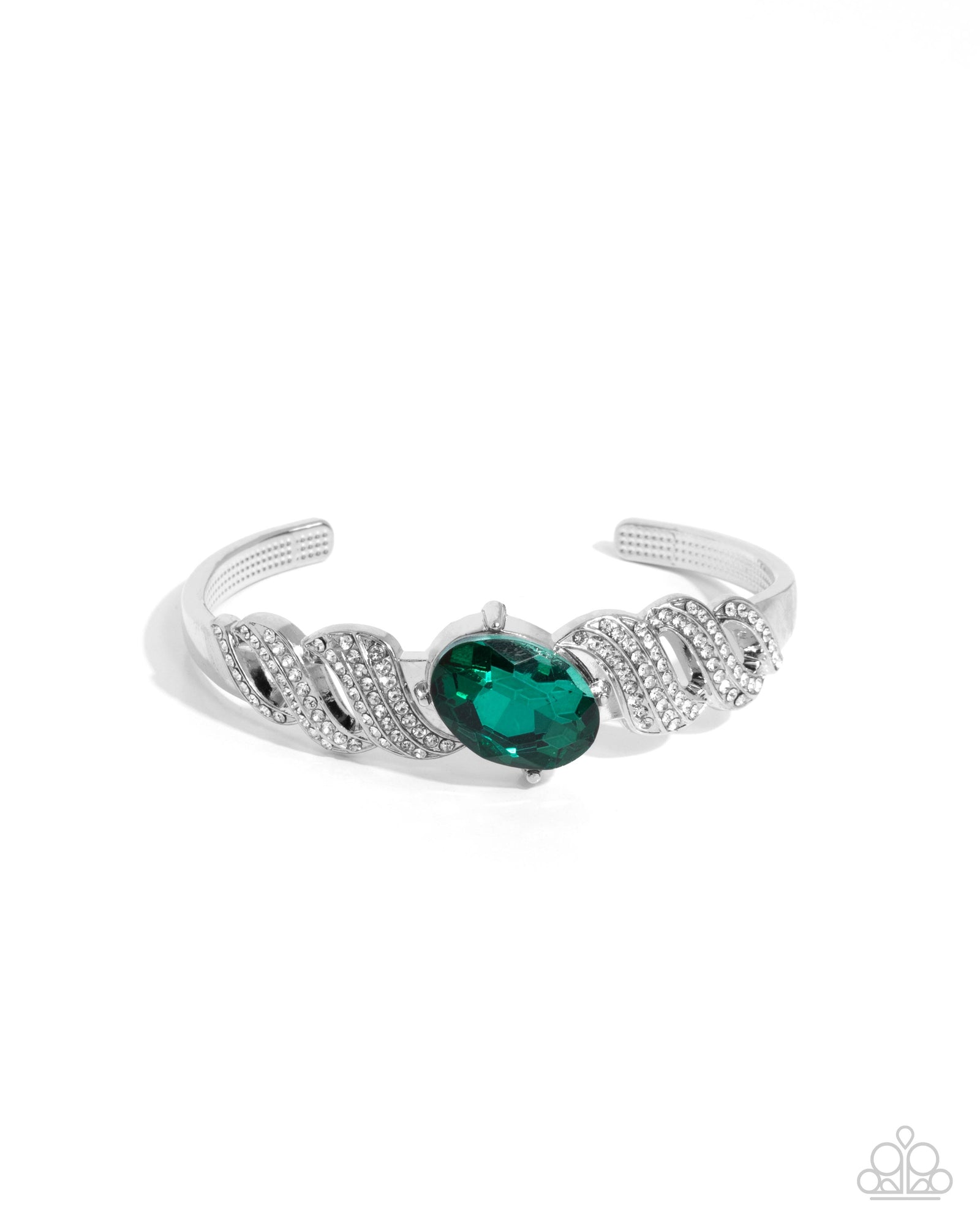 Sentimental Society Green & White Rhinestone Cuff Bracelet - Paparazzi Accessories- lightbox - CarasShop.com - Paparazzi Jewelry by Cara Jewels