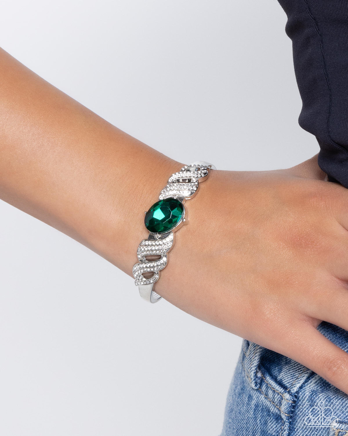Sentimental Society Green & White Rhinestone Cuff Bracelet - Paparazzi Accessories- on model - CarasShop.com - Paparazzi Jewelry by Cara Jewels