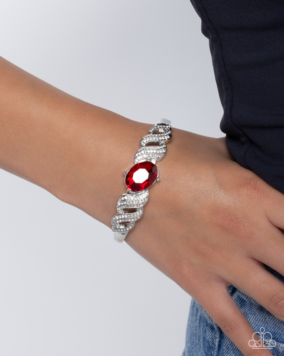 Sentimental Society Red & White Rhinestone Bracelet - Paparazzi Accessories-on model - CarasShop.com - Paparazzi Jewelry by Cara Jewels