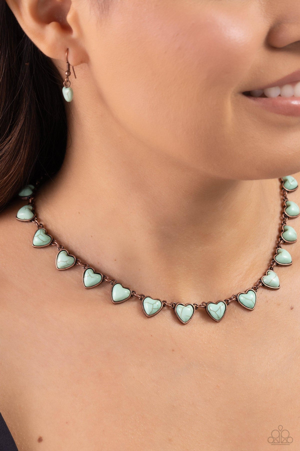 Sentimental Stones Copper & Blue Stone Heart Necklace - Paparazzi Accessories- on model - CarasShop.com - Paparazzi Jewelry by Cara Jewels