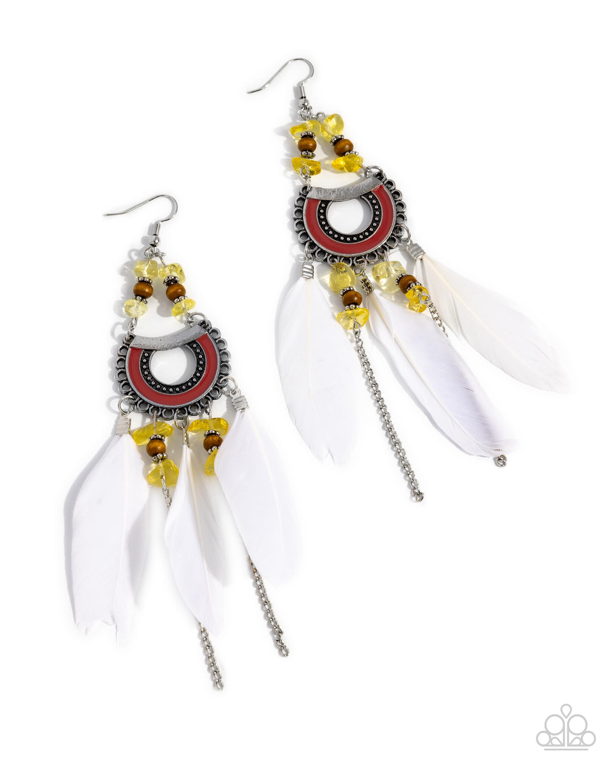 Serene Stage Yellow Stone & White Feather Earrings - Paparazzi Accessories- lightbox - CarasShop.com - Paparazzi Jewelry by Cara Jewels