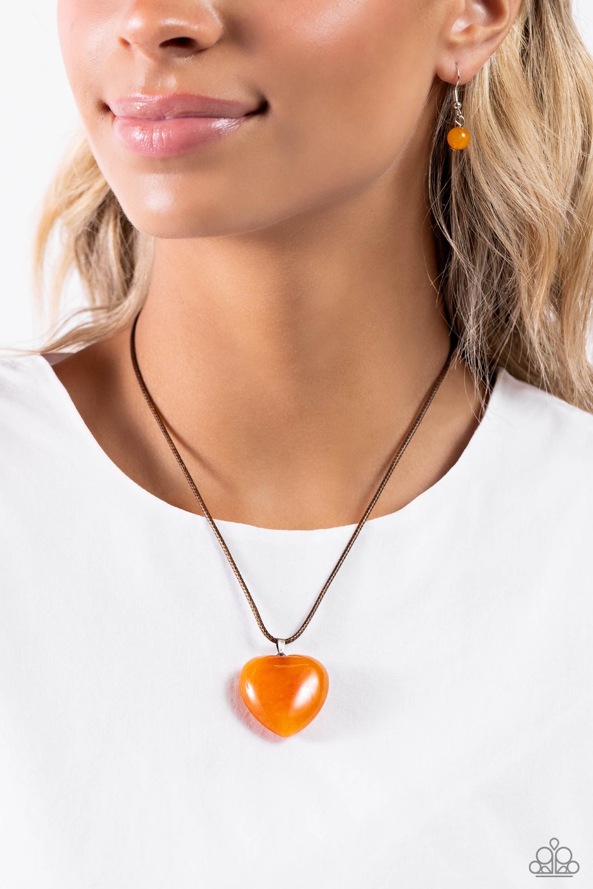 Serene Sweetheart Orange Stone Heart Necklace - Paparazzi Accessories- on model - CarasShop.com - Paparazzi Jewelry by Cara Jewels