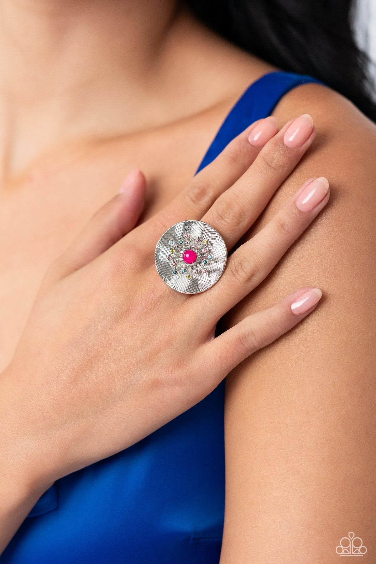 Seriously SUNBURST Pink Ring - Paparazzi Accessories- on model - CarasShop.com - Paparazzi Jewelry by Cara Jewels