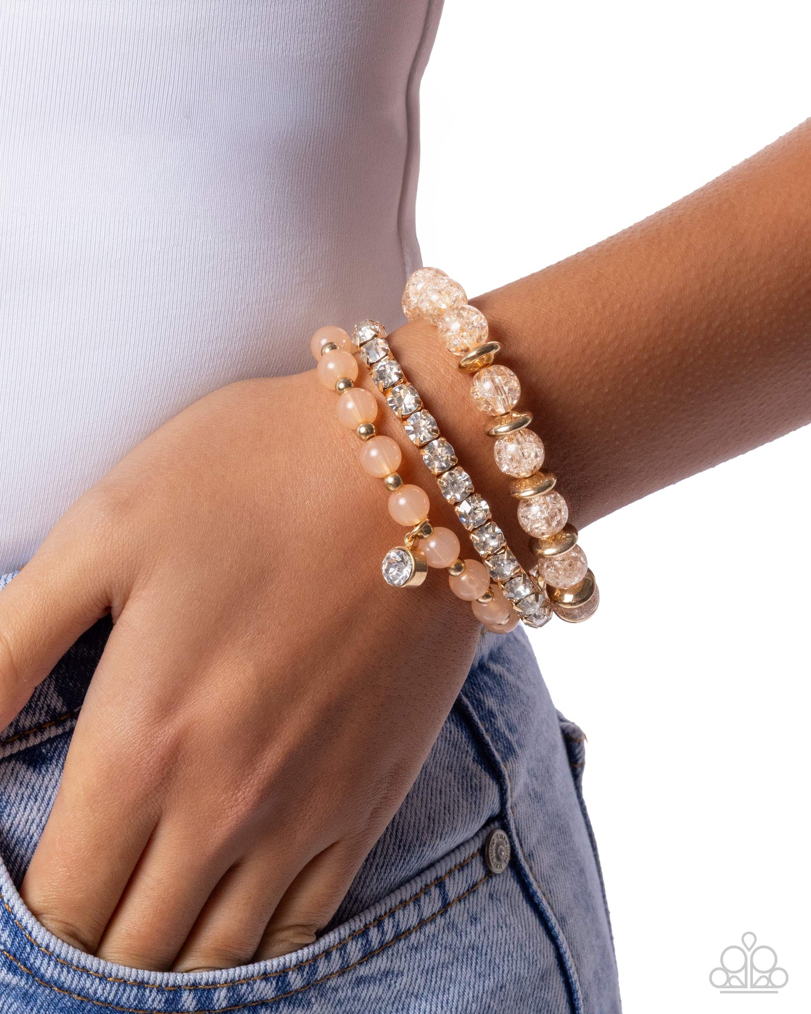 Shattered Style Gold, Peach & White Gem Bracelet - Paparazzi Accessories- lightbox - CarasShop.com - Paparazzi Jewelry by Cara Jewels