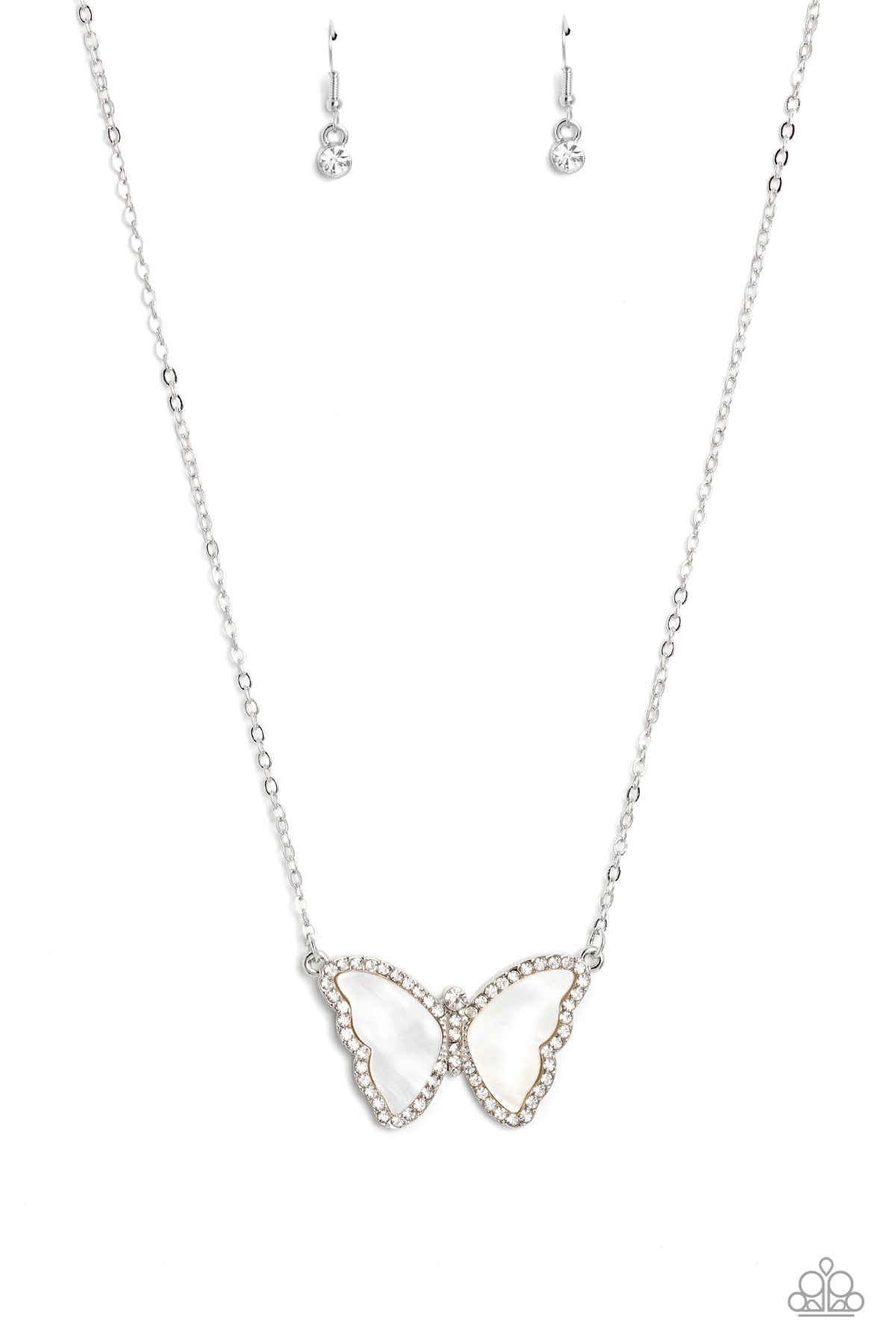 SHELL-bound White Shell & Rhinestone Butterfly Necklace - Paparazzi Accessories- lightbox - CarasShop.com - Paparazzi Jewelry by Cara Jewels