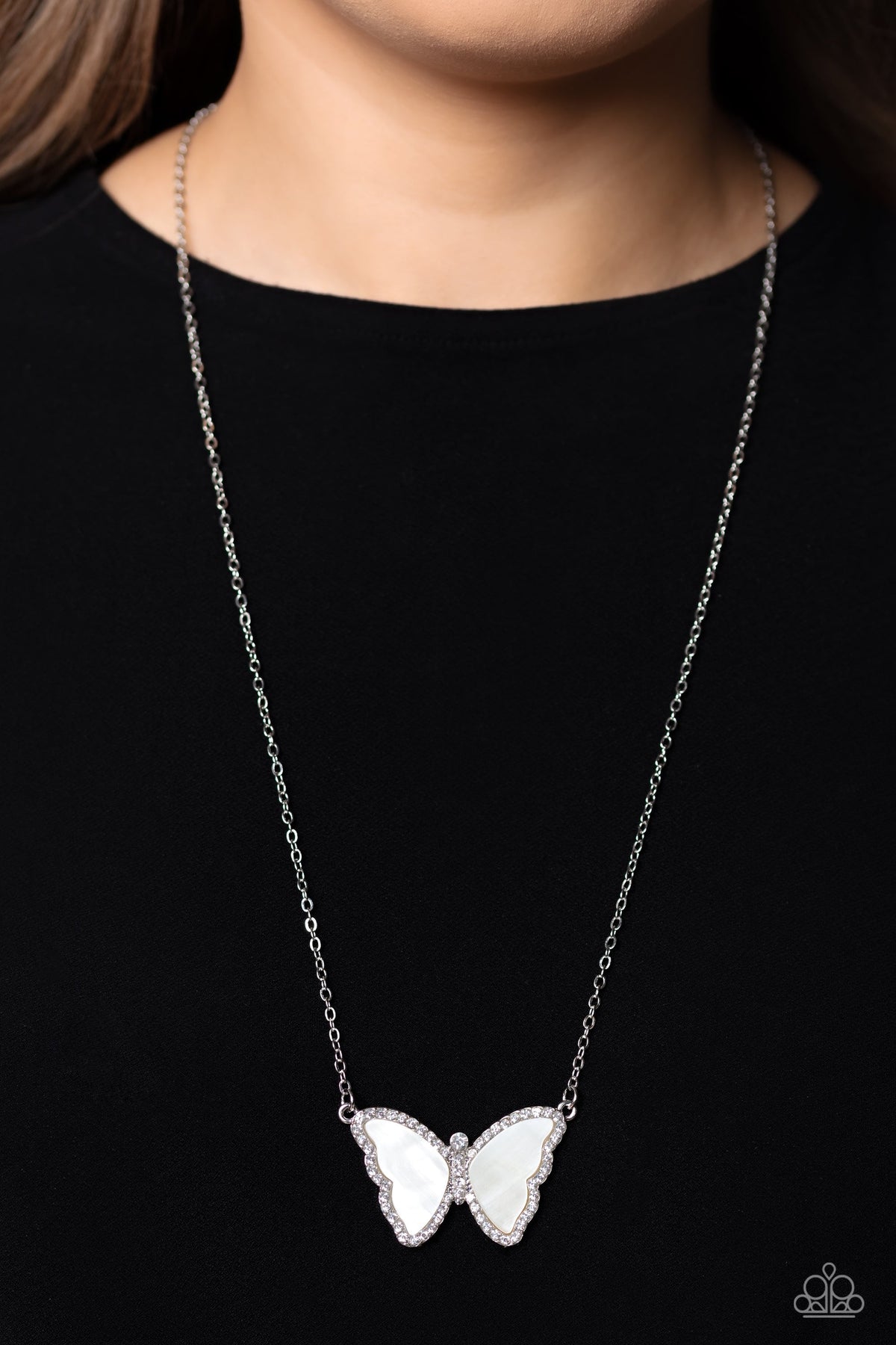 SHELL-bound White Shell & Rhinestone Butterfly Necklace - Paparazzi Accessories- on model - CarasShop.com - Paparazzi Jewelry by Cara Jewels