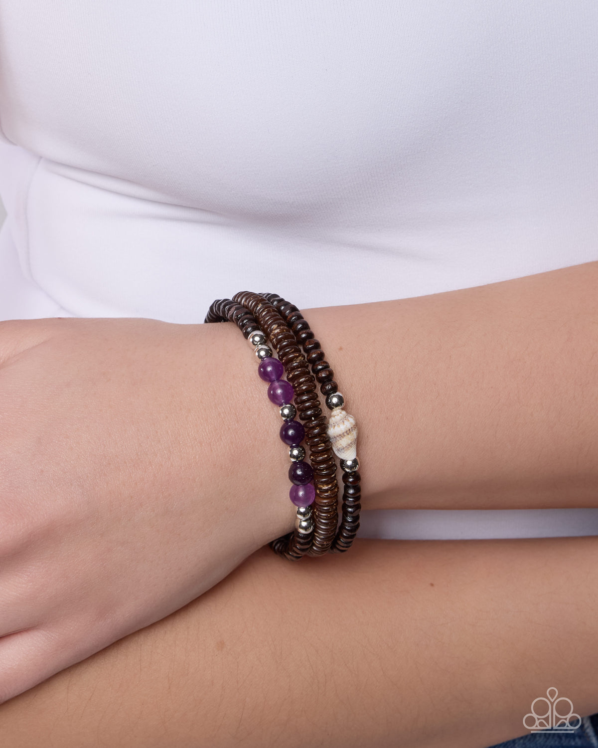 Shell Specialty Purple Amethyst Stone & Wood Coil Bracelet - Paparazzi Accessories-on model - CarasShop.com - Paparazzi Jewelry by Cara Jewels
