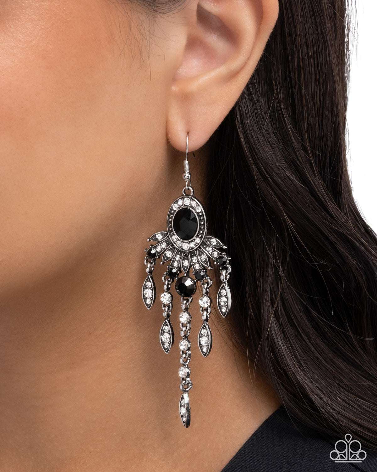Shimmery Sway Black & White Rhinestone Earrings - Paparazzi Accessories-on model - CarasShop.com - Paparazzi Jewelry by Cara Jewels
