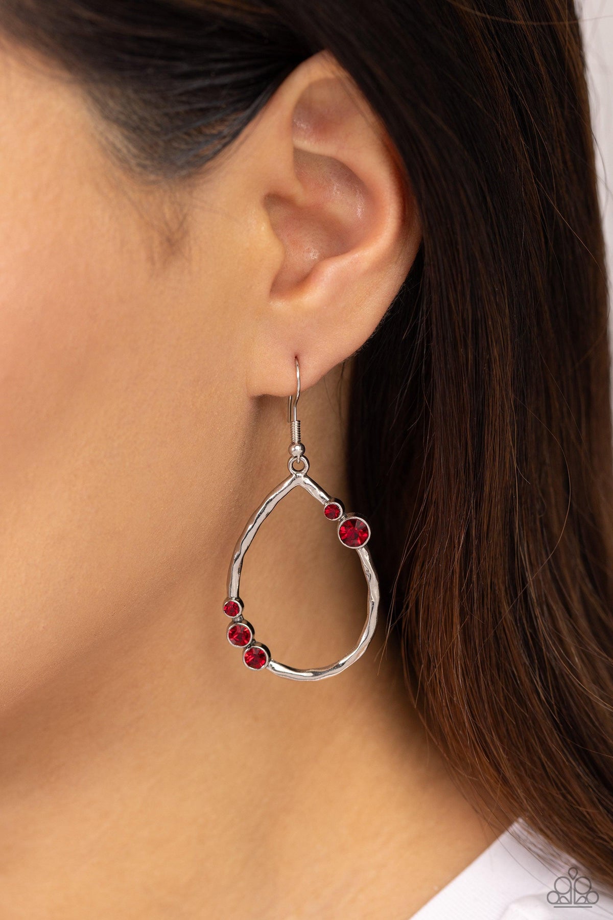 Shop Till You DROPLET Red Rhinestone Earrings - Paparazzi Accessories- on model - CarasShop.com - Paparazzi Jewelry by Cara Jewels