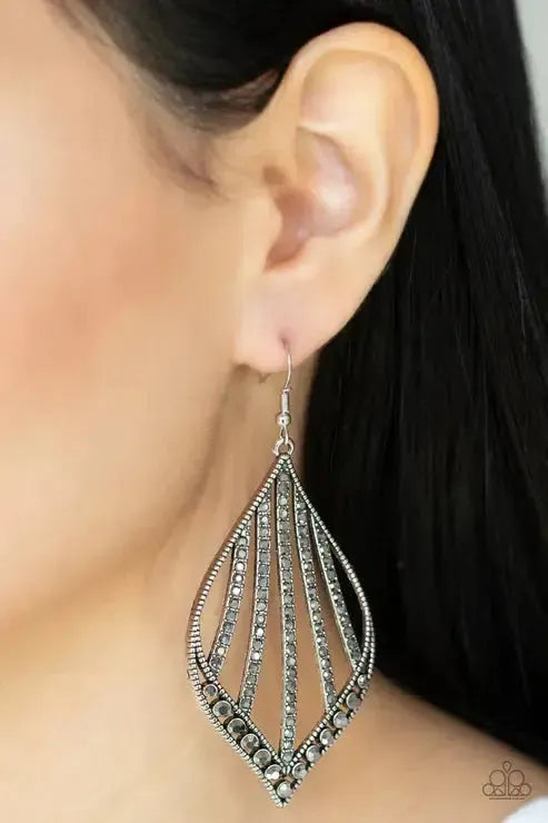 Showcase Sparkle Silver Earrings - Paparazzi Accessories- on model - CarasShop.com - Paparazzi Jewelry by Cara Jewels