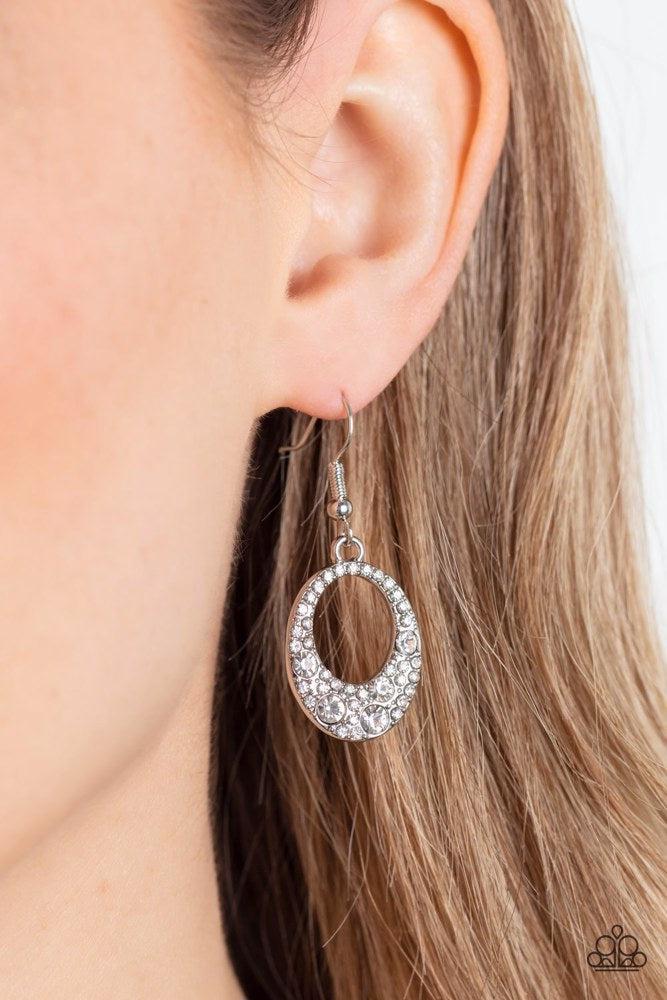 Showroom Sizzle White Earrings - Paparazzi Accessories-on model - CarasShop.com - Paparazzi Jewelry by Cara Jewels