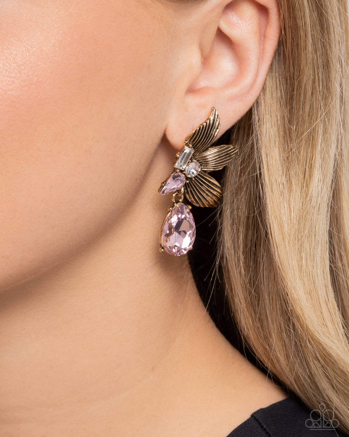 Showstopping Symphony Pink Rhinestone Floral Earrings - Paparazzi Accessories- on model - CarasShop.com - Paparazzi Jewelry by Cara Jewels